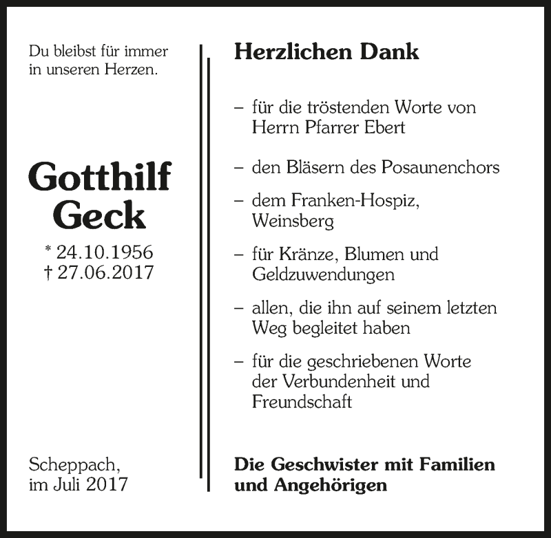  Traueranzeige für Gotthilf Geck vom 10.07.2017 aus 