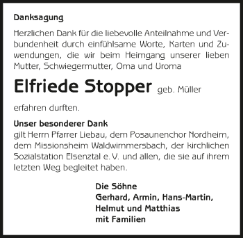 Traueranzeige von Elfriede Stopper 