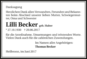 Traueranzeige von Lilli Becker 