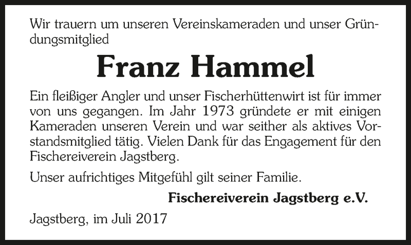 Traueranzeige für Franz Hammel vom 15.07.2017 aus 
