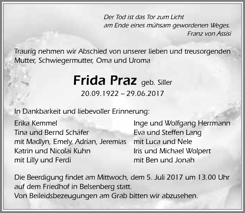  Traueranzeige für Frida Praz vom 03.07.2017 aus 