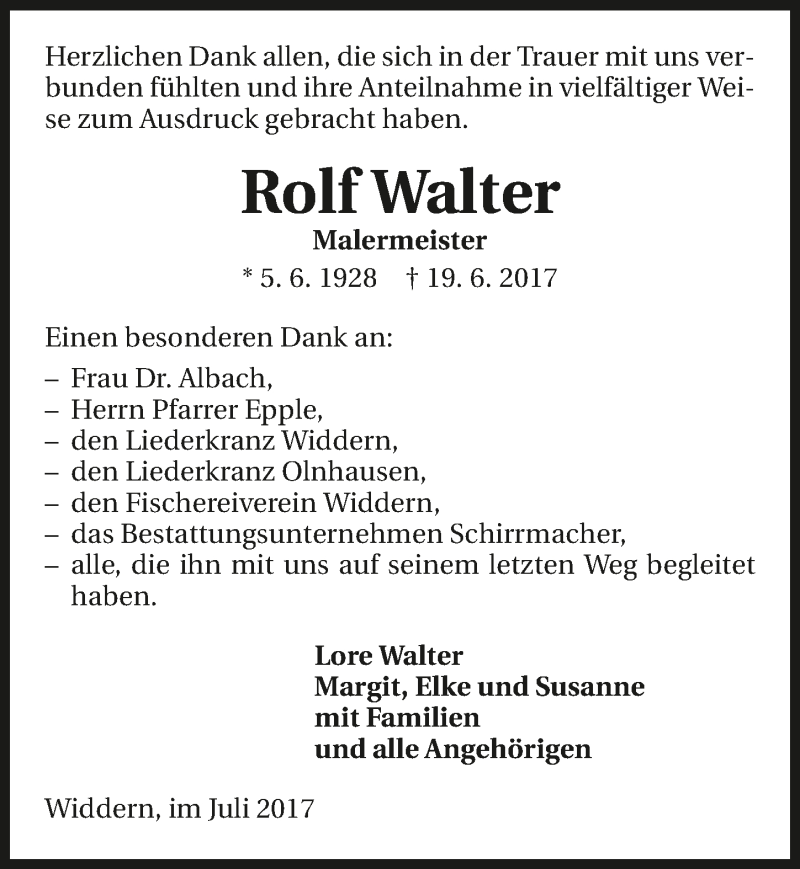  Traueranzeige für Rolf Walter vom 15.07.2017 aus 