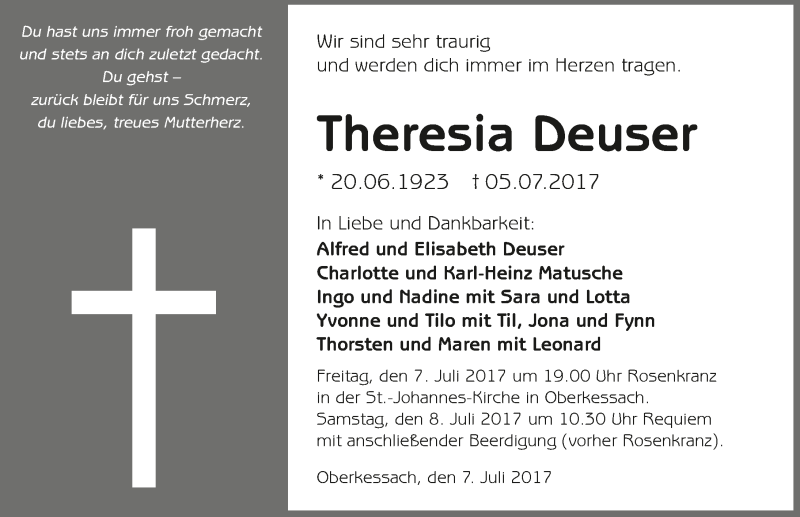  Traueranzeige für Theresia Deuser vom 07.07.2017 aus 