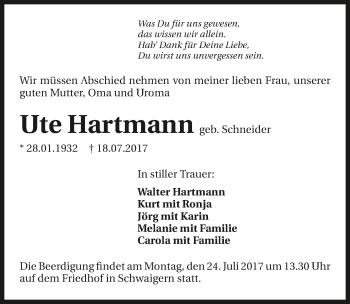 Traueranzeige von Ute Hartmann 