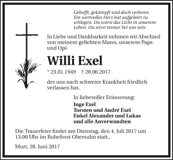 Traueranzeige von Willi Exel 