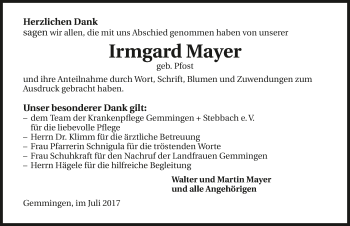 Traueranzeige von Irmgard Mayer 