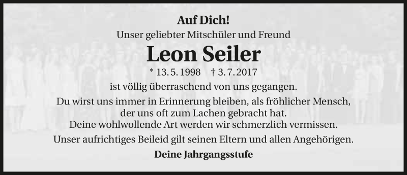  Traueranzeige für Leon Seiler vom 08.07.2017 aus 
