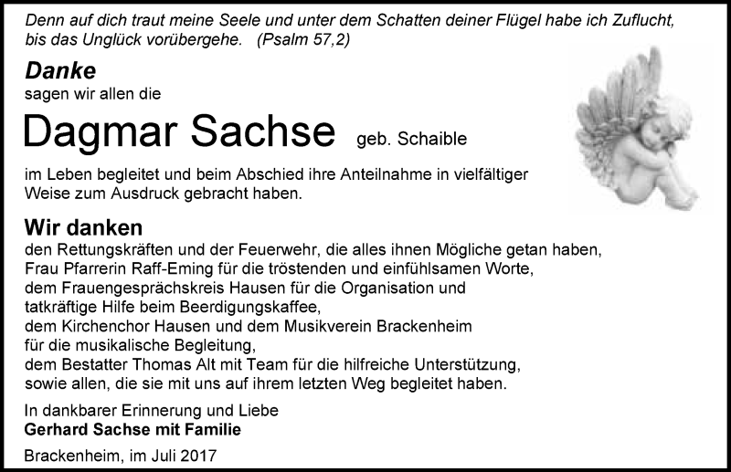  Traueranzeige für Dagmar Sachse vom 15.07.2017 aus 