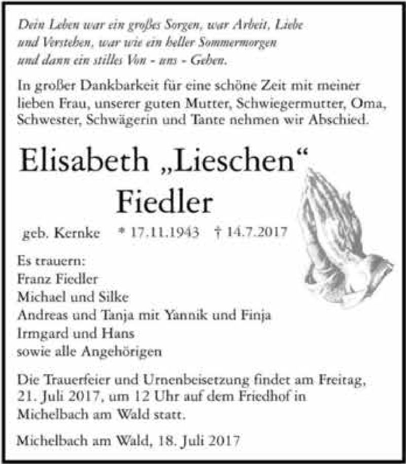  Traueranzeige für Elisabeth Fiedler vom 18.07.2017 aus 
