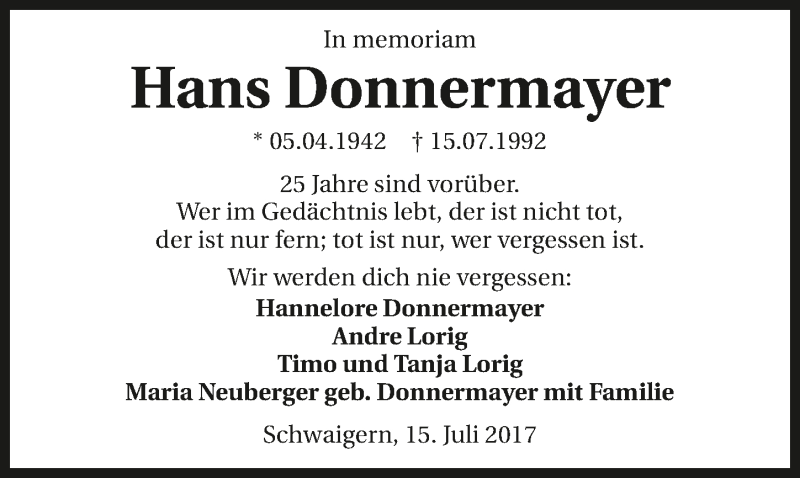 Traueranzeige für Hans Donnermayer vom 15.07.2017 aus 