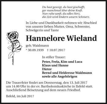 Traueranzeige von Hannelore Wieland 