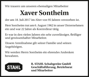 Traueranzeige von Xaver Sontheim 