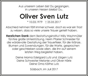 Traueranzeige von Oliver Sven Lutz 
