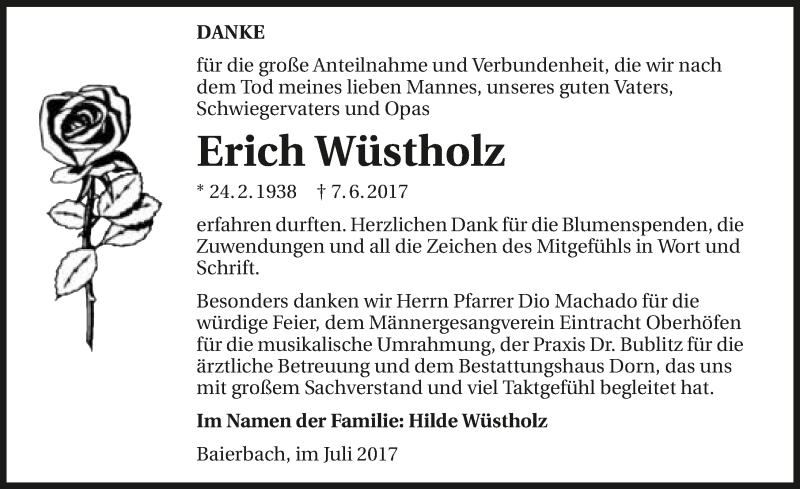  Traueranzeige für Erich Wüstholz vom 08.07.2017 aus 