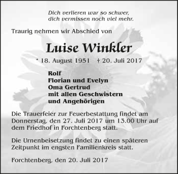 Traueranzeige von Luise Winkler 