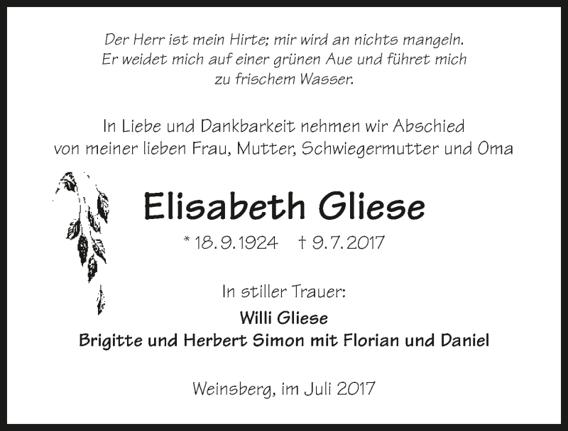  Traueranzeige für Elisabeth Gliese vom 14.07.2017 aus 