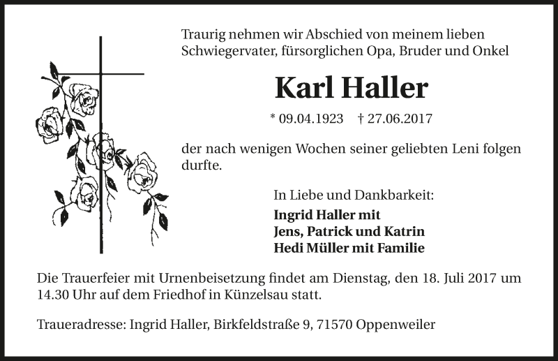  Traueranzeige für Karl Haller vom 14.07.2017 aus 