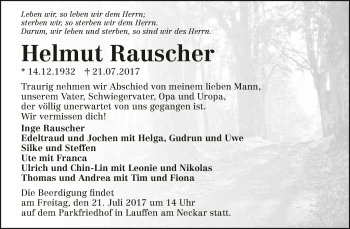 Traueranzeige von Helmut Rauscher 