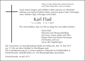 Traueranzeige von Karl Flad 