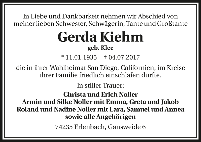  Traueranzeige für Gerda Kiehm vom 08.07.2017 aus 