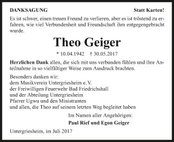 Traueranzeige von Theo Geiger 