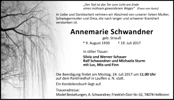 Traueranzeige von Annemarie Schwandner 