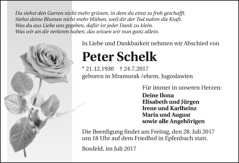  Traueranzeige für Peter Schelk vom 27.07.2017 aus 