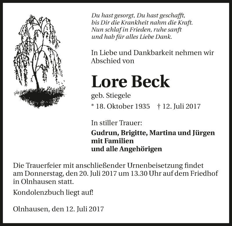  Traueranzeige für Lore Beck vom 15.07.2017 aus 