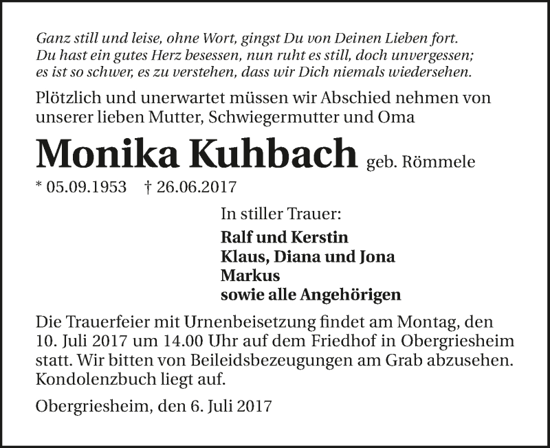  Traueranzeige für Monika Kuhbach vom 06.07.2017 aus 