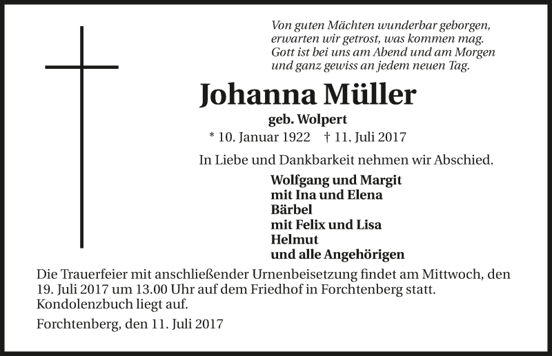  Traueranzeige für Johanna Müller vom 15.07.2017 aus 