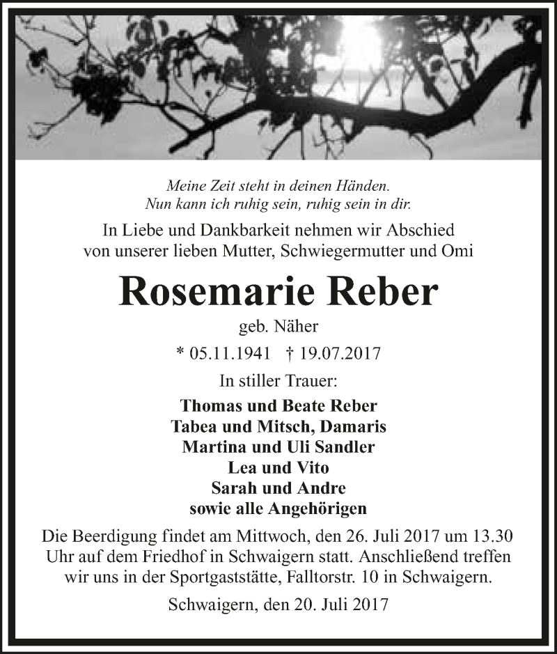  Traueranzeige für Rosemarie Reber vom 22.07.2017 aus 