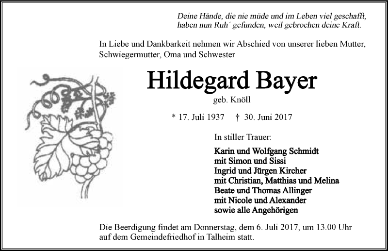  Traueranzeige für Hildegard Bayer vom 01.07.2017 aus 