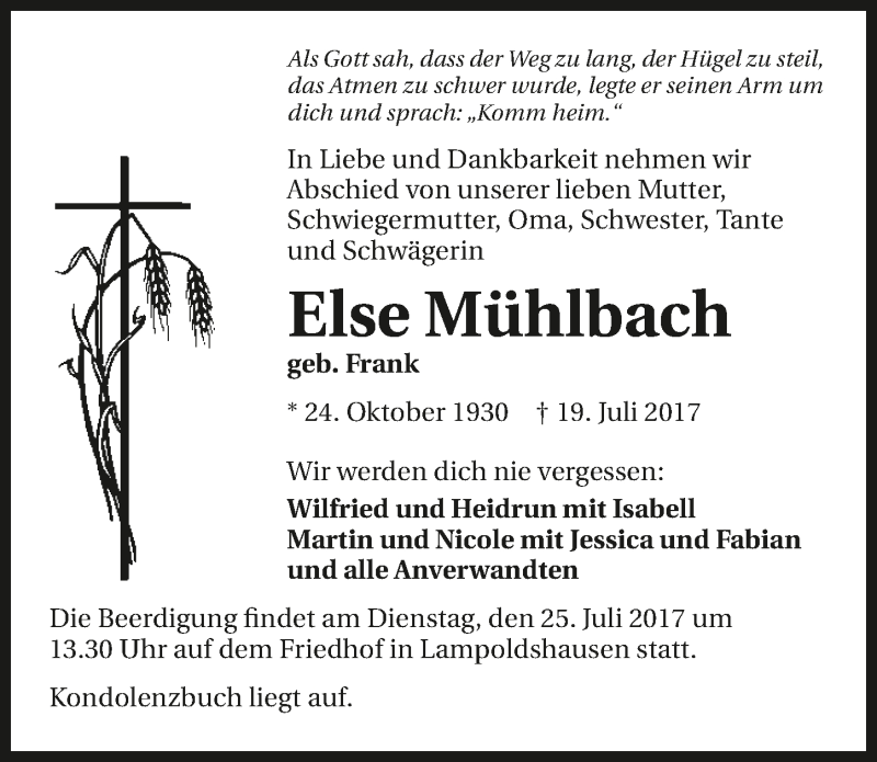  Traueranzeige für Else Mühlbach vom 21.07.2017 aus 