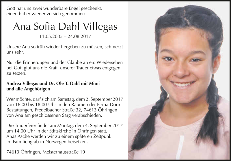  Traueranzeige für AnaSofia Dahl Villegas vom 31.08.2017 aus 