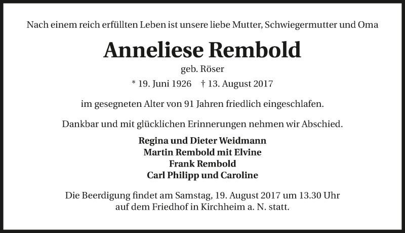  Traueranzeige für Anneliese Rembold vom 16.08.2017 aus 