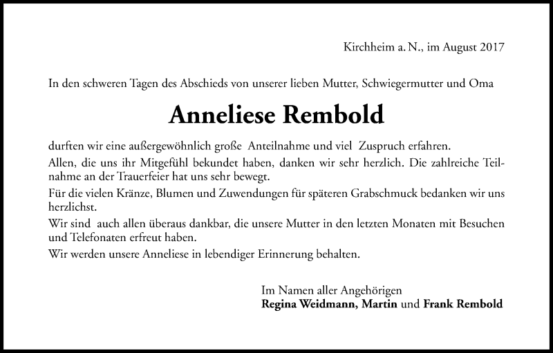  Traueranzeige für Anneliese Rembold vom 30.08.2017 aus 