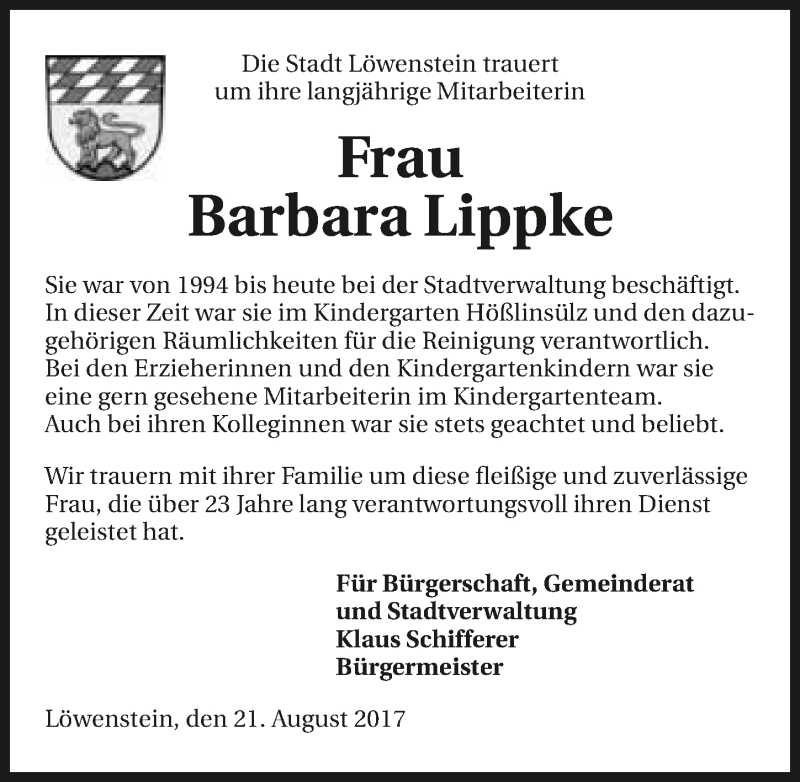  Traueranzeige für Barbara Lippke vom 22.08.2017 aus 