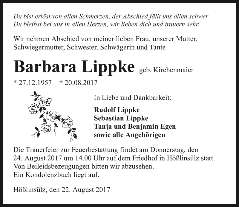  Traueranzeige für Barbara Lippke vom 22.08.2017 aus 