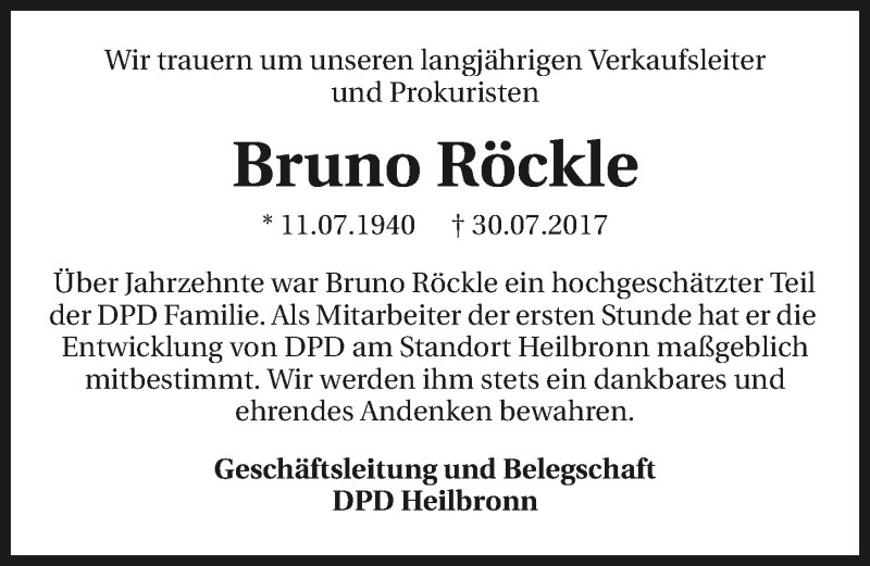  Traueranzeige für Bruno Röckle vom 11.08.2017 aus 