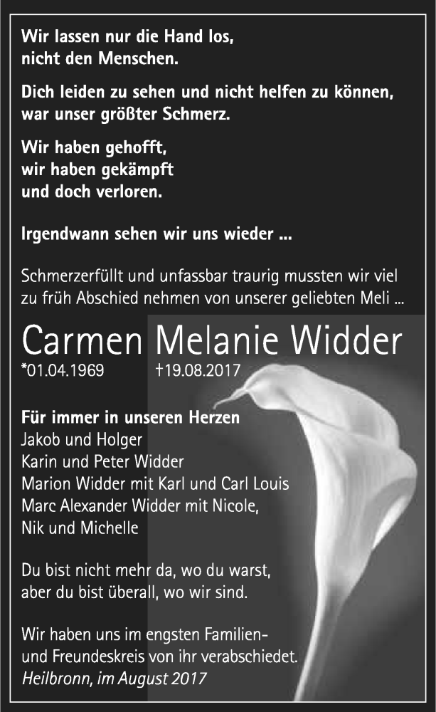 Traueranzeige für Carmen Melanie Widder vom 26.08.2017 aus 