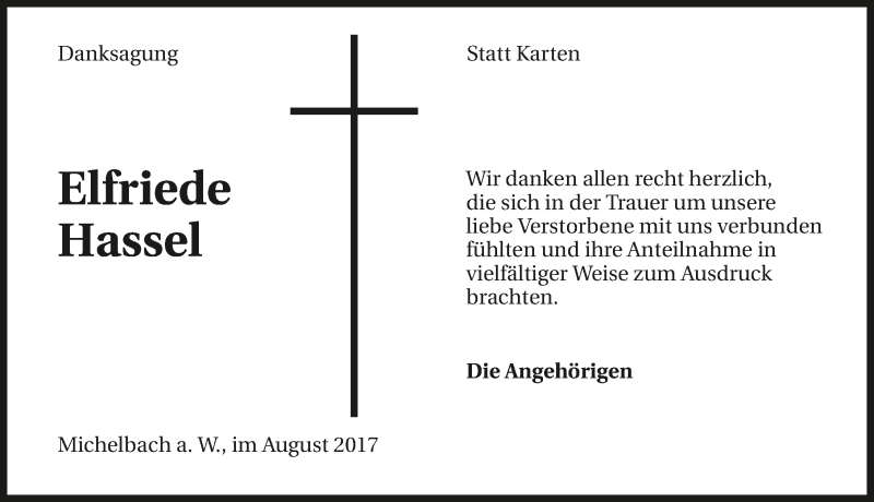  Traueranzeige für Elfriede Hassel vom 24.08.2017 aus 