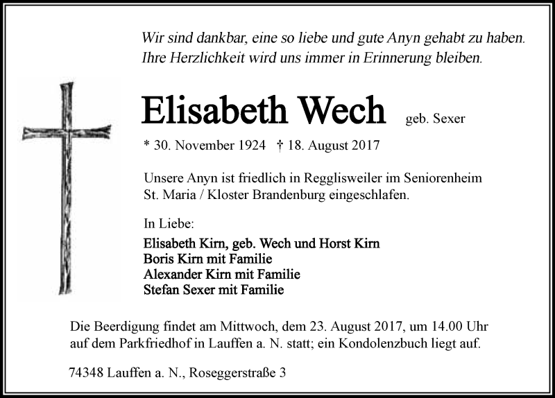  Traueranzeige für Elisabeth Wech vom 19.08.2017 aus 