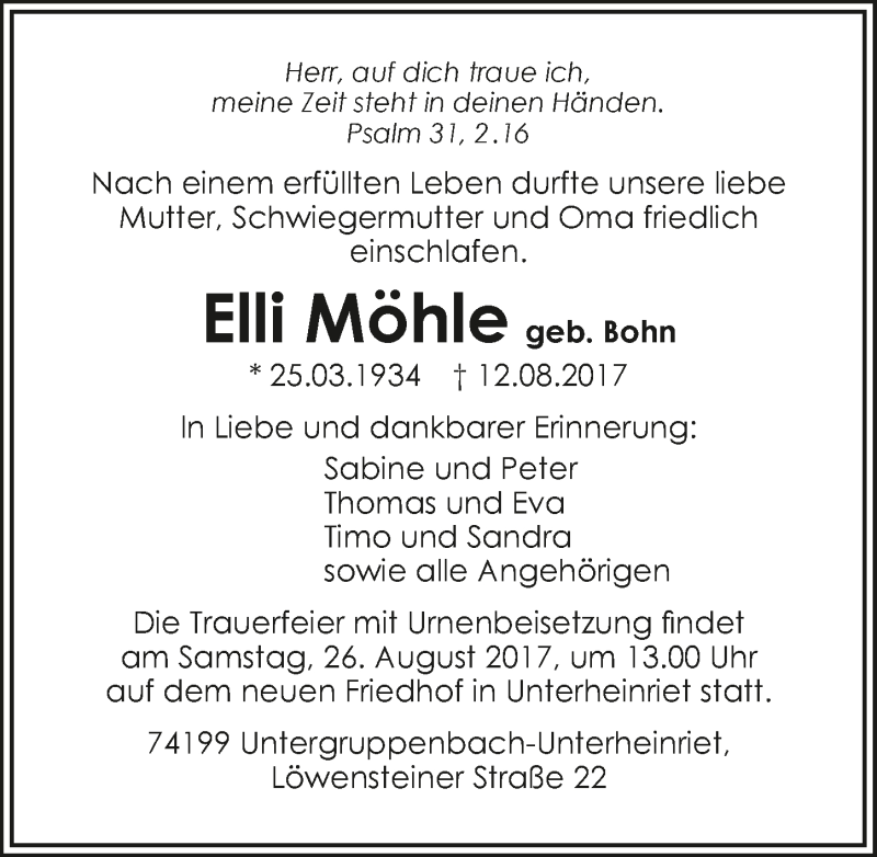  Traueranzeige für Elli Möhle vom 21.08.2017 aus 