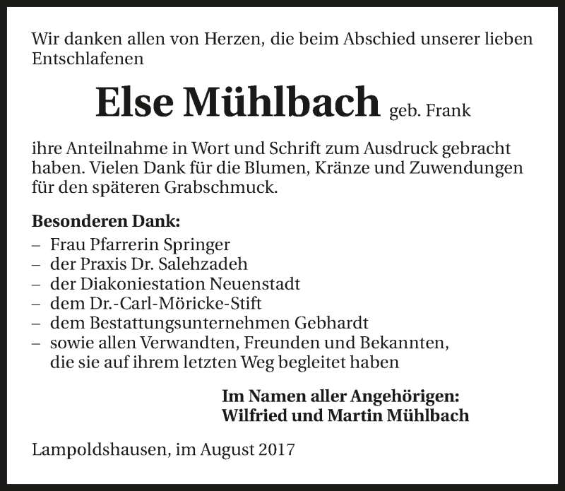  Traueranzeige für Else Mühlbach vom 09.08.2017 aus 