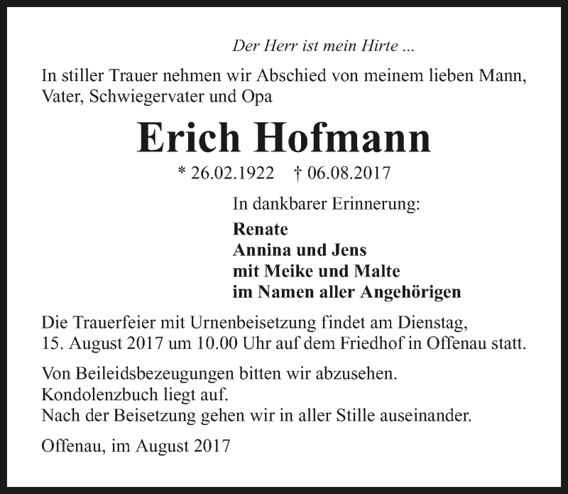  Traueranzeige für Erich Hofmann vom 10.08.2017 aus 