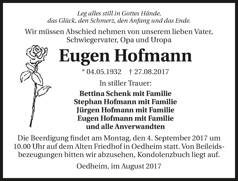  Traueranzeige für Eugen Hofmann vom 31.08.2017 aus 