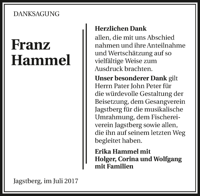  Traueranzeige für Franz Hammel vom 05.08.2017 aus 