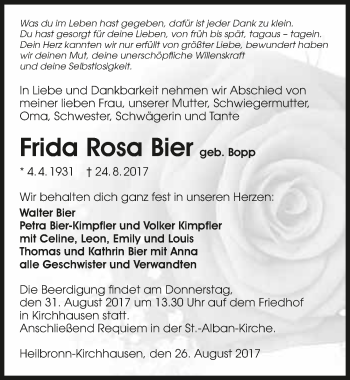 Traueranzeige von Frida Rosa Bier 