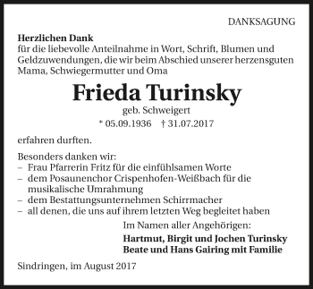 Traueranzeige von Frieda Turinsky 
