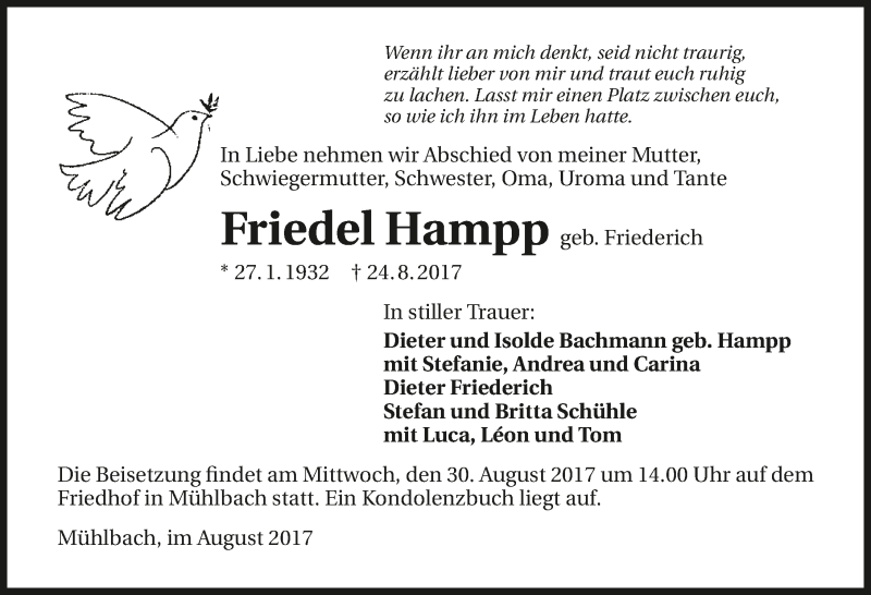  Traueranzeige für Friedel Hampp vom 26.08.2017 aus 